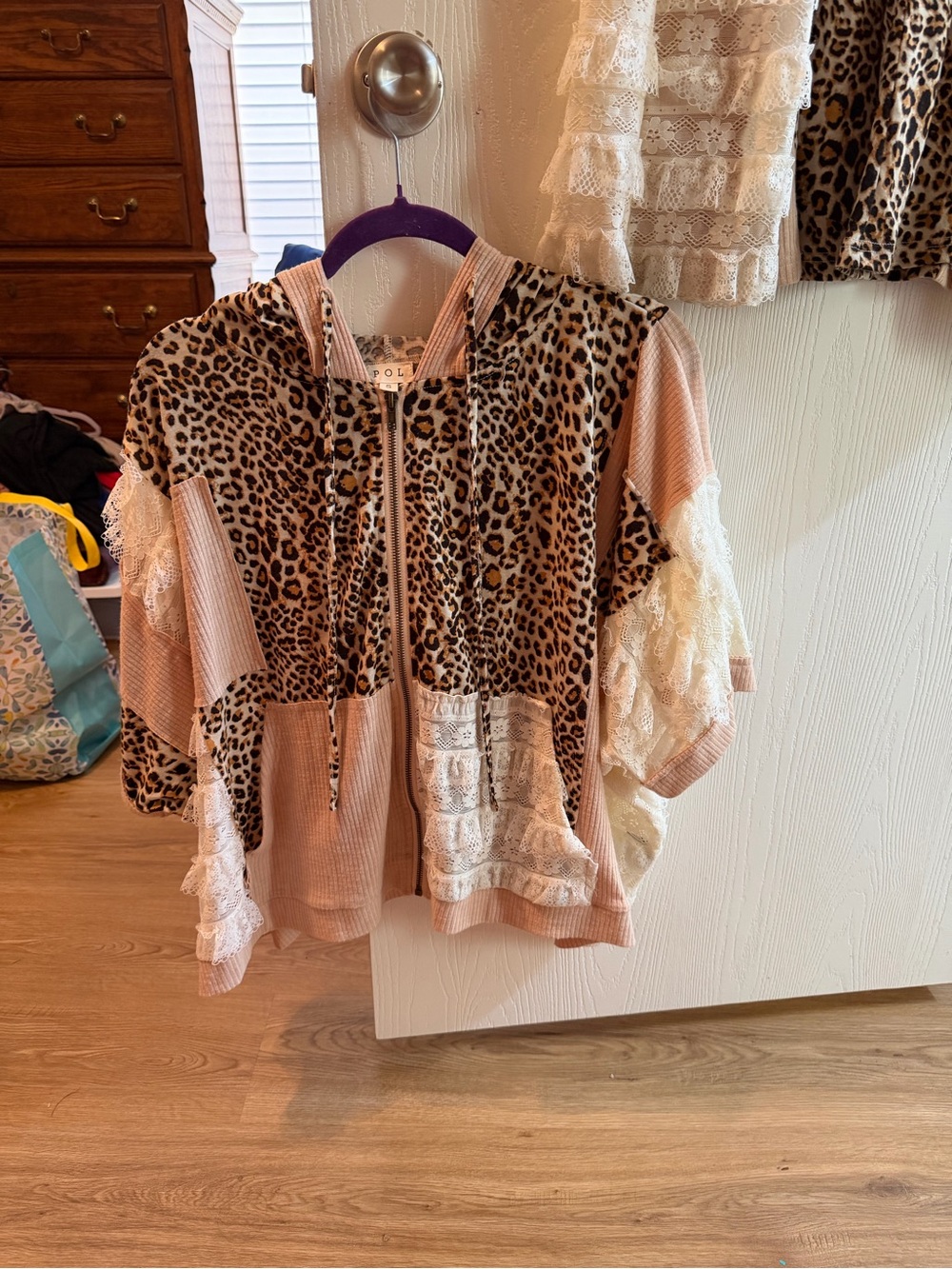 Pink Leopard Print Zip Hoodie with Lace Trim
